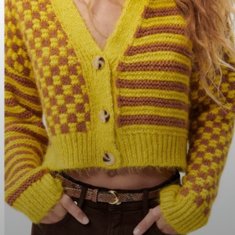 Zara yellow and brown checks stripes touch of wool jacquard knit cardigan NWT
